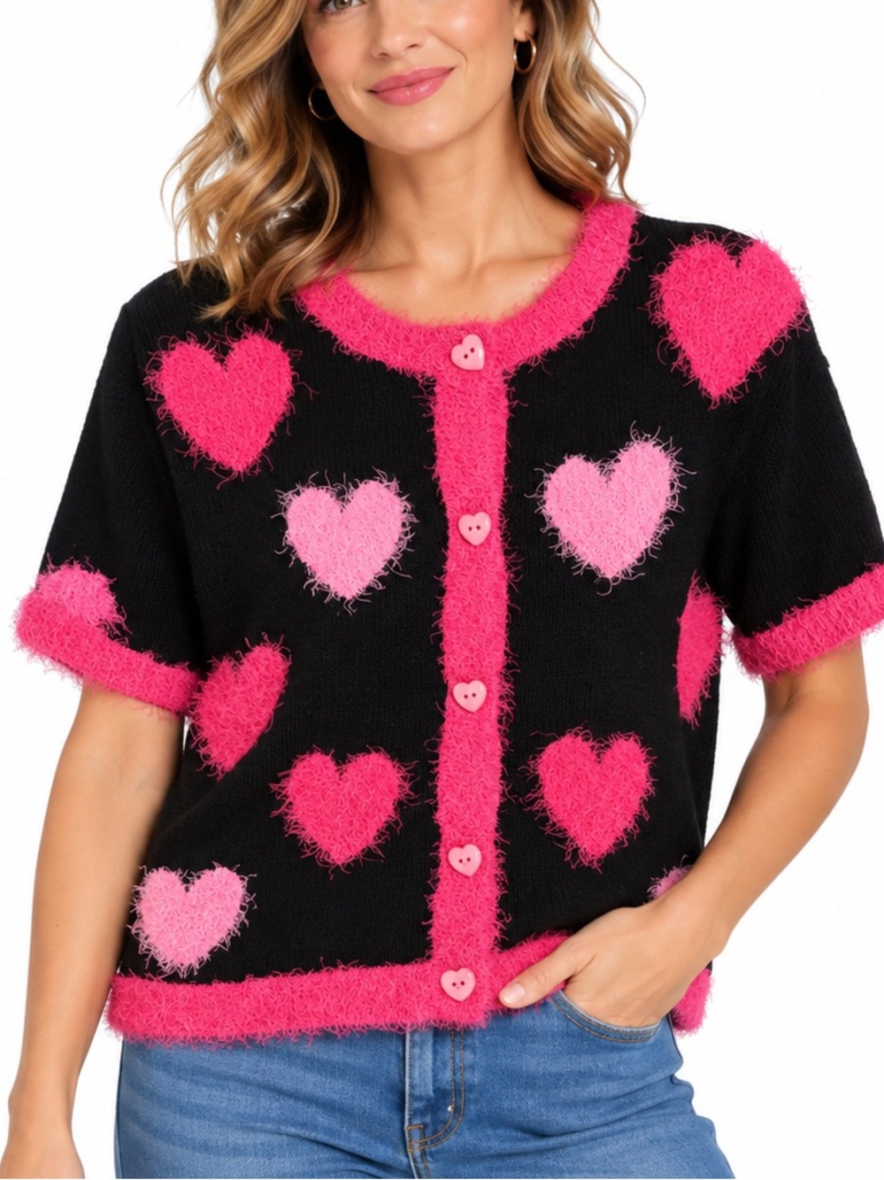 Vintage BellePointe Heart Cardigan XL Pink Black Fuzzy Novelty Sweater